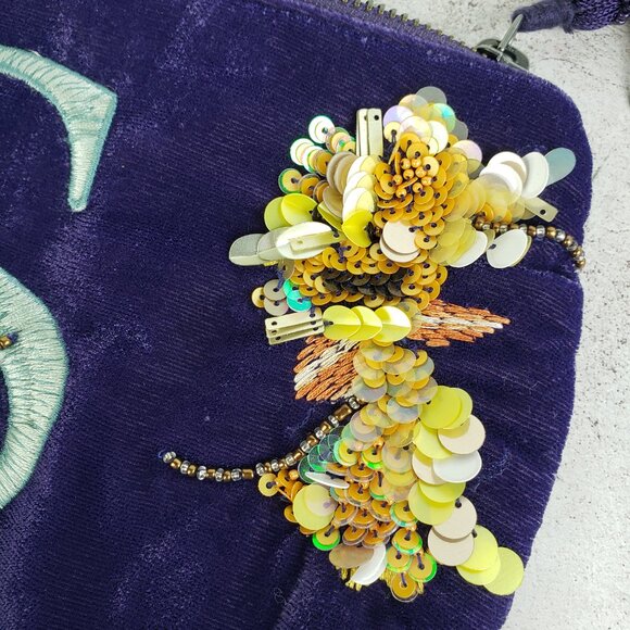 Anthropologie Purse Velour Velvet Monogram Everyday Pouch Zip Sequin Embroidered - Picture 5 of 12